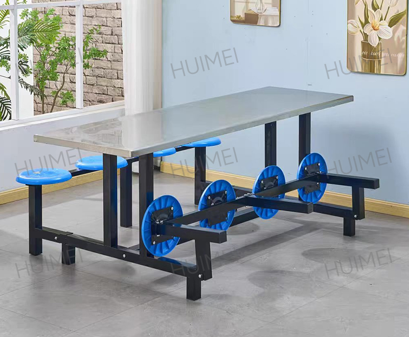 طاولة مقصف الطلاب بإطار فولاذي من Huimei مع مقاعد مستديرة ثابتة (فضي/أزرق) HMZX-014